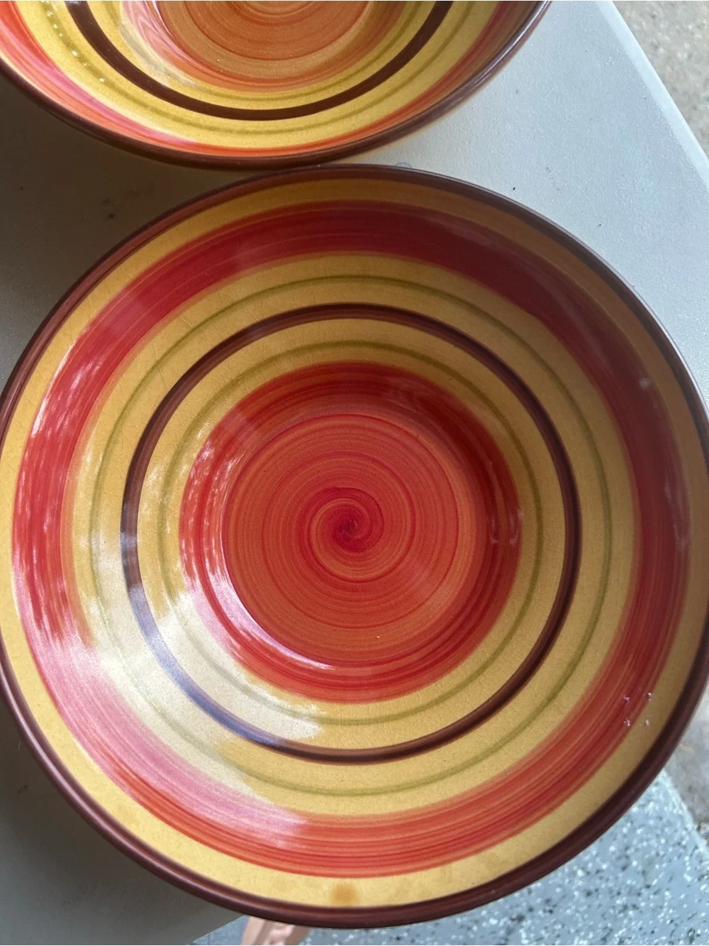 Crate & Barrel Ceramic Individual Pasta Bowls Red, Yellow & Brown Bands Set of 2